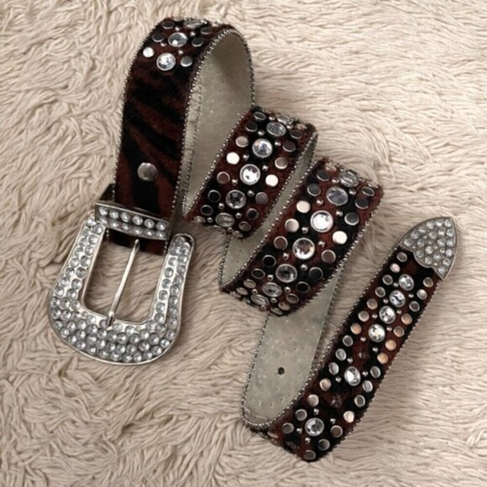 Animal Print Faux Fur Studded Rhinestone Belt - Large, 33.5 - 38.5" Waist - Picture 9 of 12